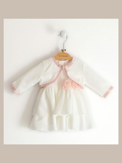 ABITO CERIMONIA C/COPRISPALLE MINIBANDA - Abito da cerimonia per neonata con manichina corta con volant , gonna con doppia balza e fiori in tulle applicati in vita + coprispalle abbinato,