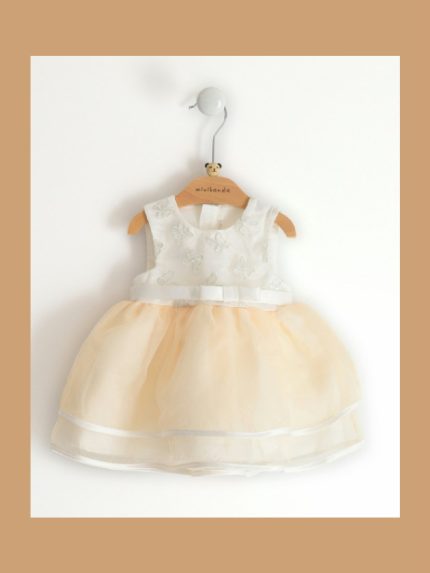 ABITO CERIMONIA NEONATA CON CORPETTO FLOREALE MINIBANDA - Abito da cerimonia per neonata con corpetto floreale e doppia balza in organza degradè color albicocca.