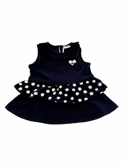 ABITO COTONE SMANICATO CON BALZA POIS ATIVO KIDS - Abito smanicato in cotone elasticizzato con colletto e balza motivo pois. Taglie 6/36 mesi.