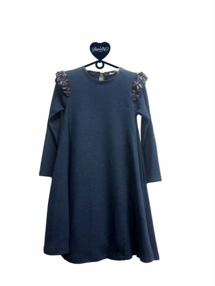 ABITO M/ LUNGA MOD. SVASATO PURE - Abito a maniche lunghe in cotone elasticizzato, modello svasato, motivo frangia multicolor sulle spalline. Taglie da 8 a 16 ani.
