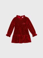 Abito manica lunga bimba Ativo Kids - abito a manica lunga in velluto liscio rosso con piccoli pois, balza al fondo, fiocchetto decorativo e allacciatura posteriore con bottoncini, 6/36 mesi