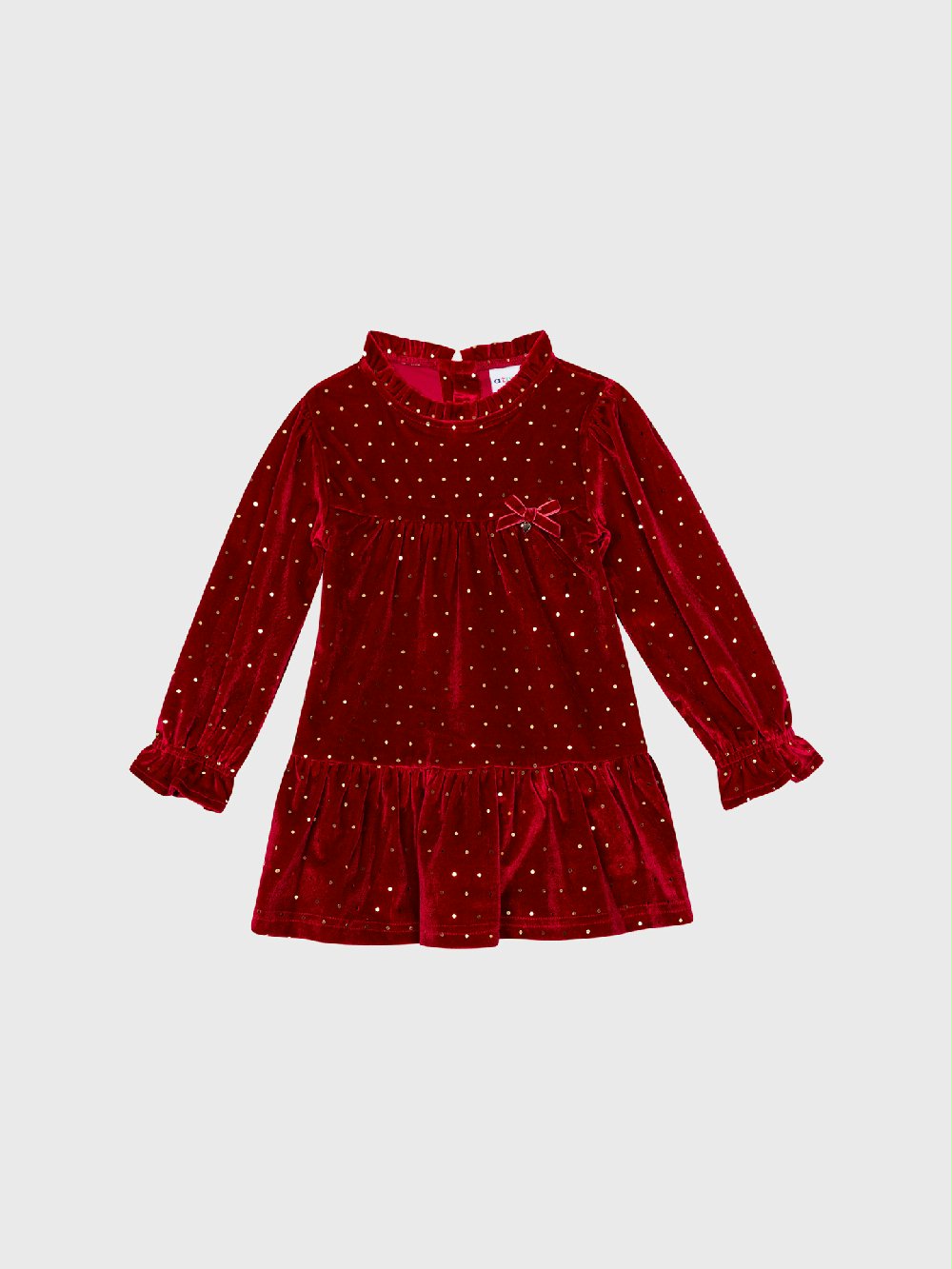 Abito manica lunga bimba JH8209_21 00 Abito manica lunga bimba Ativo Kids - abito a manica lunga in velluto liscio rosso con piccoli pois, balza al fondo, fiocchetto decorativo e allacciatura posteriore con bottoncini, 6/36 mesi