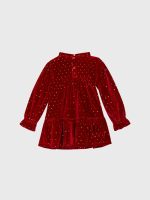 Abito manica lunga bimba Ativo Kids - abito a manica lunga in velluto liscio rosso con piccoli pois, balza al fondo, fiocchetto decorativo e allacciatura posteriore con bottoncini, 6/36 mesi
