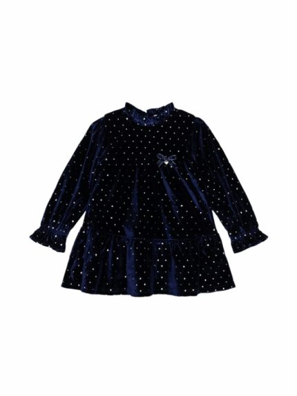 Abito manica lunga bimba Ativo Kids - abito a manica lunga in velluto liscio con piccoli pois, balza al fondo, fiocchetto decorativo e allacciatura posteriore con bottoncini, 6/36 mesi