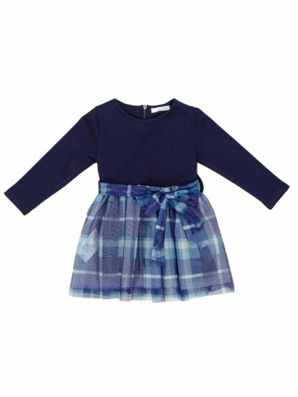 Abito manica lunga bimba Abito girocollo a manica lunga, corpino in tessuto di viscosa stretch a tinta unita blu, gonna in tulle fantasia a quadri, cintura in tulle annodabile a fiocco. Allacciatura dietro con zip nascosta. Made in Italy