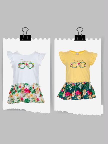 Abito Rainforest Ativo Kids Abito in cotone a maniche corte a volant con corpino stampato e gonna a fantasia tropical all over.
