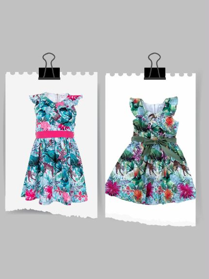 Abito Rainforest Ativo Kids Abito stampato per bambina in fantasia tropicale all over, maniche corte a volant e cintura in tessuto, allacciatura posteriore zippata.