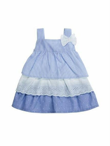Abito rigato Ubs2 Vestitino per neonata in tre tessuti di cotone rigato, bianco e azzurro, spalline rigate con fiocco.