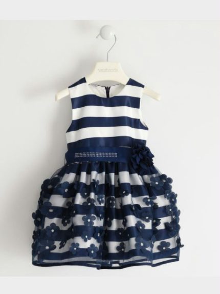 ABITO SMANICATO RIGATO SARABANDA - Elegante abito bimba smanicato con fantasia rigata e gonna in tulle con decoro fiori, cintura in raso con applicazione fiore, allacciatura posteriore con cerniera. Abbigliamento Bambini Outlet