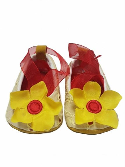 BALLERINA SANGALLO FIORE Bellissime e solari le ballerine neonata in sangallo con applicazione fiore e nastro di chiffon di chiusura alla caviglia. Misure dal 15 al 19.