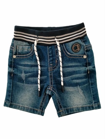 Bermuda denim Bermuda modello cinque tasche in denim stretch, cintura elastica fantasia rigata.
