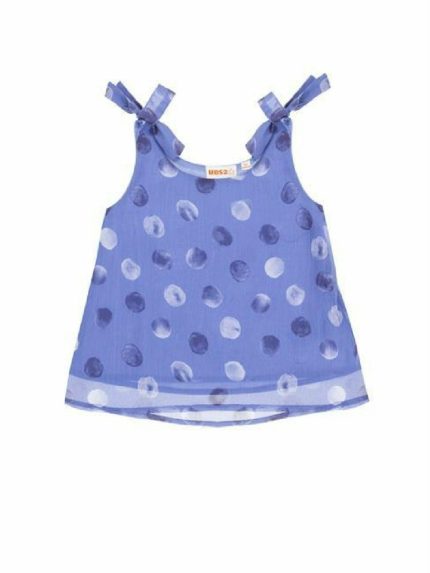 Blusa pois Ubs2 Blusa da bambina in pregiato tessuto bambula con stampa sfondo lilla e pois blu navy ed ecru, spalline annodate Best Seller