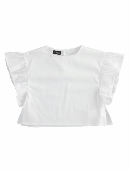 BLUSA RAGAZZA MANICHE VOLANT SARABANDA - Blusa elegante per ragazza in cotone elasticizzato con particolari maniche a volant.