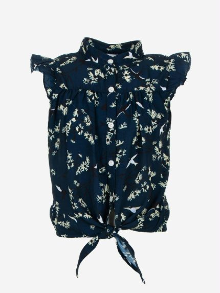 Camicia m/c Spring Breeze Ativo Kids Blusa corta smanicata con punte da annodare, maniche volant, collo alla coreana, allacciatura con bottoni sul davanti, stampa fantasia all over. Retro leggermente più lungo.