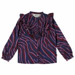 CAMICIA VISCOSA RASSINE MOLO - Camicia ragazza - 100% viscosa - fondo blu con stampa zebrata nei toni del viola e bordeaux, motivo a rouche davanti e dietro.
