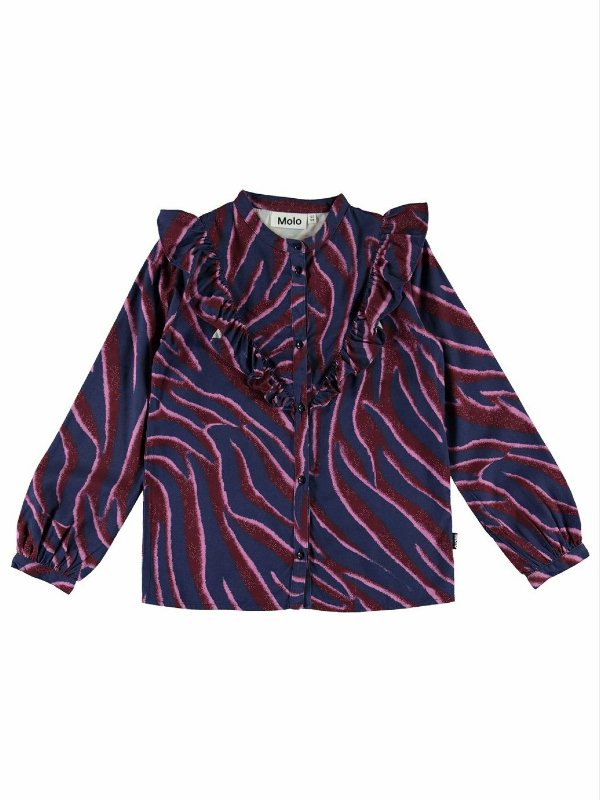 CAMICIA VISCOSA RASSINE 2W20C204 00 CAMICIA VISCOSA RASSINE MOLO - Camicia ragazza - 100% viscosa - fondo blu con stampa zebrata nei toni del viola e bordeaux, motivo a rouche davanti e dietro.