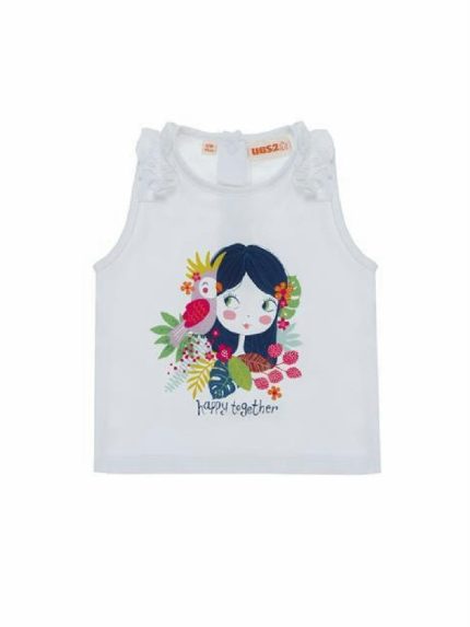 Canotta Happy Together Ubs2 T-shirt bianca da bambina in cotone biologico elasticizzato single jersey, smanicata, stampa multicolore sul davanti.