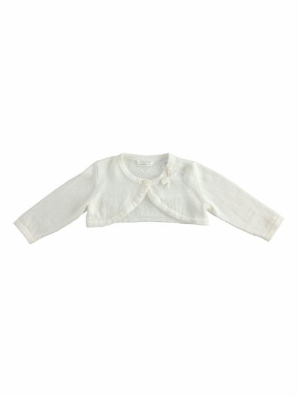 Cardigan neonata tricot Cardigan tricot per neonata con apertura frontale con bottone. Fiocchetto applicato sul petto e ricamo cuore dietro.