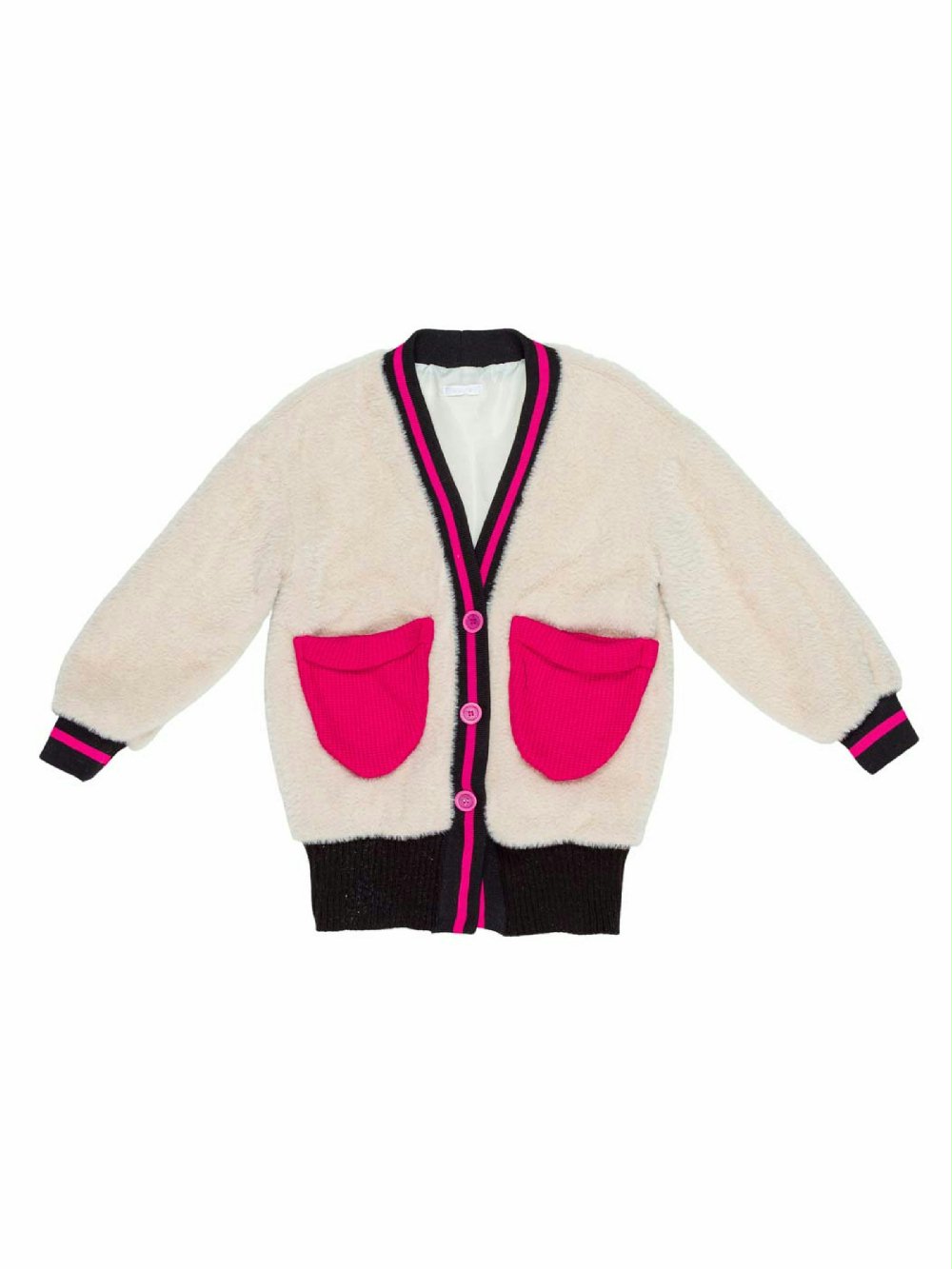 Cardigan ragazza LL2442 00 Cardigan ragazza Originale cardigan in filato fluffy con polsi e fondo elasticizzati in colore a contrasto, tasche in maglia di colore fuxia applicate, completamente foderato. Made in Italy