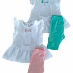 Completo Cerimonia a Pois Ativo Kids Completo in cotone composto da: T.shirt con maniche corte e scollo tondo, stampa frontale e apertura a goccia con chiusura a bottone, balza al fondo e applicazione di un fiocco sul davanti + leggings basic a gamba corta con elastico in vita e piccolo dettaglio laterale arricciato.