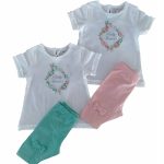 Completo Cerimonia a Pois Ativo Kids Completo in cotone per bimba composto da: t.shirt stampata girocollo a maniche corte bordate da rouche in tulle e rouche in tulle sul fondo + leggings con elastico in vita e applicazione di fiocchi sul davanti.