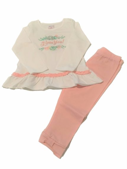 Completo Cerimonia a Pois Ativo Kids Completo in cotone per bimba composto da: t.shirt stampata a maniche lunghe con scollo tondo, apertura a goccia con chiusura a bottone sul retro, finitura con rouches + leggings a gamba lunga con elastico in vita e dettaglio sul fondo.
