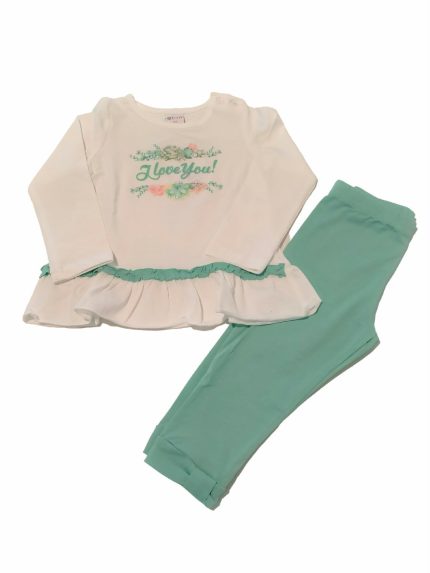 Completo Cerimonia a Pois Ativo Kids Completo in cotone per bimba composto da: t.shirt stampata a maniche lunghe con scollo tondo, apertura a goccia con chiusura a bottone sul retro, finitura con rouches + leggings a gamba lunga con elastico in vita e dettaglio sul fondo.
