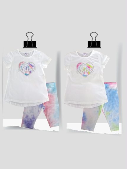 Completo Cerimonia a Pois Ativo Kids Completo in cotone per bambina composto da: t.shirt stampata con maniche corte e scollo tondo, dorso leggermente più lungo + leggings effetto tie-die con elastico in vita.