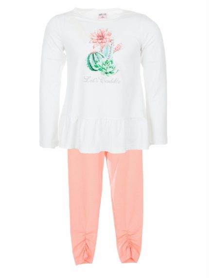 Completo Cerimonia a Pois Ativo Kids Completo due pezzi: t.shirt a maniche lunghe con scollo tondo, stampata sul davanti e con applicazione elastica in vita + leggings basic a gamba lunga con dettaglio sul fondo.