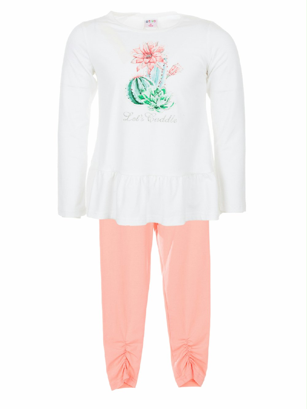 Completo Cerimonia a Pois Ativo Kids C2902 00 Completo Cerimonia a Pois Ativo Kids Completo due pezzi: t.shirt a maniche lunghe con scollo tondo, stampata sul davanti e con applicazione elastica in vita + leggings basic a gamba lunga con dettaglio sul fondo.