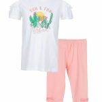Completo Cerimonia a Pois Ativo Kids Completo in cotone composto da t.shirt con scollo tondo ed effetto con maniche scese, stampa cactus sul fronte e retro leggermente più lungo + leggings basic con elastico in vita e fiocco laterale applicato.