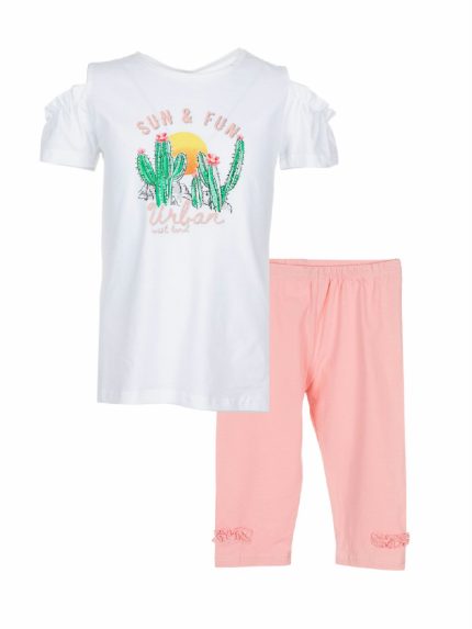 Completo Cerimonia a Pois Ativo Kids Completo in cotone composto da t.shirt con scollo tondo ed effetto con maniche scese, stampa cactus sul fronte e retro leggermente più lungo + leggings basic con elastico in vita e fiocco laterale applicato.
