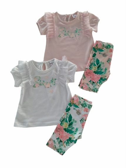 Completo Cerimonia a Pois Ativo Kids Completo in cotone composta da: t.shirt stampata a maniche corte con rouche in tulle al giromanica + leggings corti fantasia fiorata all over.