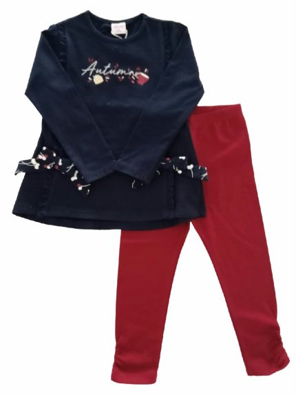 Completo due pezzi Autumn Completo due pezzi in cotone elasticizzato composto da: t.shirt stampata a m/lunga con piccola rouche al giromanica e fiocchi fantasia sul fondo+ leggings con fondo arricciato.