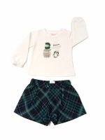 Completo due pezzi Christmas Completo due pezzi a tema natalizio, t.shirt stampata in cotone stretch a maniche lunghe + shorts tartan. Natale