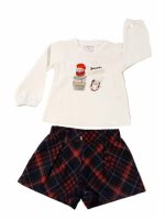 Completo due pezzi Christmas Completo due pezzi a tema natalizio, t.shirt stampata in cotone stretch a maniche lunghe + shorts tartan. Natale