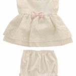Completo due pezzi neonata Soffio Elegante completo clinico corto per neonata composto da maglia a maniche corte in tessuto unito e balza in tulle devorè con stampa a fiori + mutandina in jersey di cotone elasticizzato. Lista Nascita Corredino