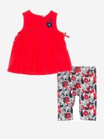 Completo due pezzi Retro Summer Completo due pezzi in cotone composto da: T.shirt senza maniche con dettaglio fiore sul petto e fiocco al giromanica + Leggings con elastico in vita e stampa fantasia all over.