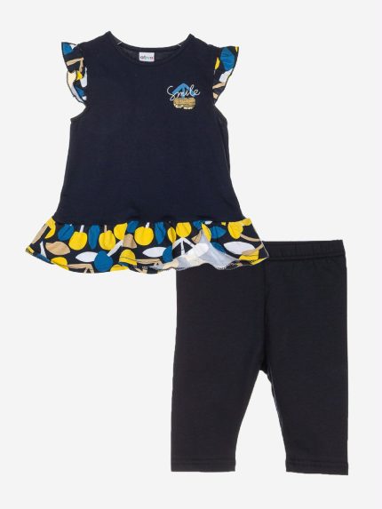 Completo due pezzi Retro Summer Completo composto da: t.shirt a maniche corte con scollo tondo e applicazioni di volant fantasia al giromanica e sul fondo + leggings con elastico in vita.
