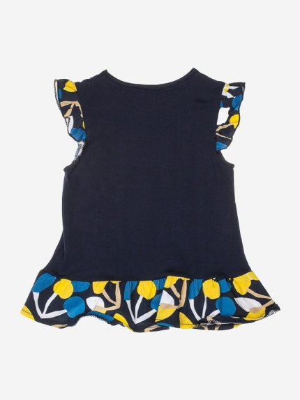 Completo due pezzi Retro Summer Completo composto da: t.shirt a maniche corte con scollo tondo e applicazioni di volant fantasia al giromanica e sul fondo + leggings con elastico in vita.