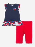 Completo due pezzi Retro Summer Completo composto da: t.shirt a maniche corte con scollo tondo e applicazioni di volant fantasia al giromanica e sul fondo + leggings con elastico in vita.