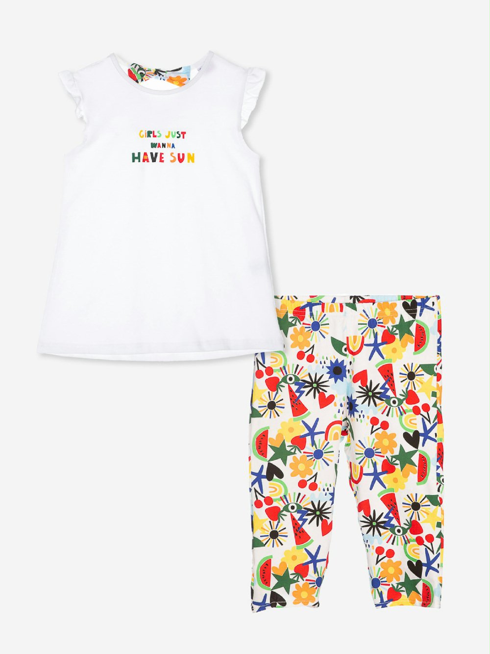Completo due pezzi Summer Of Love C1893 00 Completo due pezzi Summer Of Love Completo in cotone composto da maglia a maniche corte con scollo tondo, stampa sul davanti, applicazioni di volant sulle spalle e dettaglio fiocco sul retro + leggings con elastico in vita e stampa all over o tinta unita.