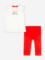 Completo due pezzi Summer Of Love Completo in cotone composto da maglia a maniche corte con scollo tondo, stampa sul davanti, applicazioni di volant sulle spalle e dettaglio fiocco sul retro + leggings con elastico in vita e stampa all over o tinta unita.
