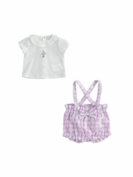 COMPLETO NEONATA VICHY MINIBANDA - Completo 100% in cotone per neonata: camicia con colletto + pantaloncino con bretelle fantasia vichy.