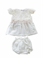 Completo Piccola Principessa Teto e Tatta Elegante completo due pezzi di Teto e Tatta 100% Made in Italy: coprifasce in jersey con corpetto in pizzo macramè e tulle rosa + coulotte in jersey. Abito da Battesimo Lista Nascita Corredino