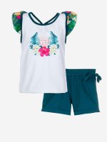 Completo Rainforest Ativo Kids Completo bimba in cotone composto da: t.shirt stampata con maniche corte ad aletta in tessuto fantasia a contrasto, spalline a vogatore + shorts in jersey stretch.
