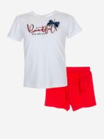 Completo Spring Breeze Ativo Kids Completo composto da t.shirt stampata a maniche corte con applicazione fiocco sul davanti + shorts in jersey stretch con elastico in vita e applicazione di volant diagonali. Best Seller