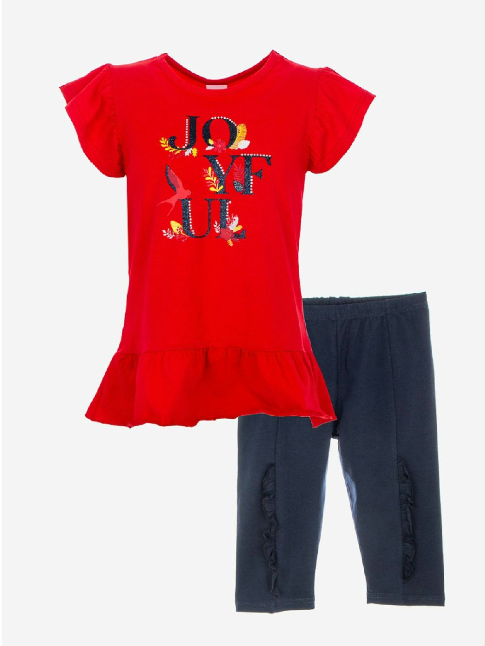 Completo Spring Breeze Ativo Kids C2782 00 Completo Spring Breeze Ativo Kids Completo in cotone per bambina composto da: T.shirt stampata girocollo a maniche corte a volant e balza al fondo + leggings basic con elastico in vita e applicazione di rouche verticale.