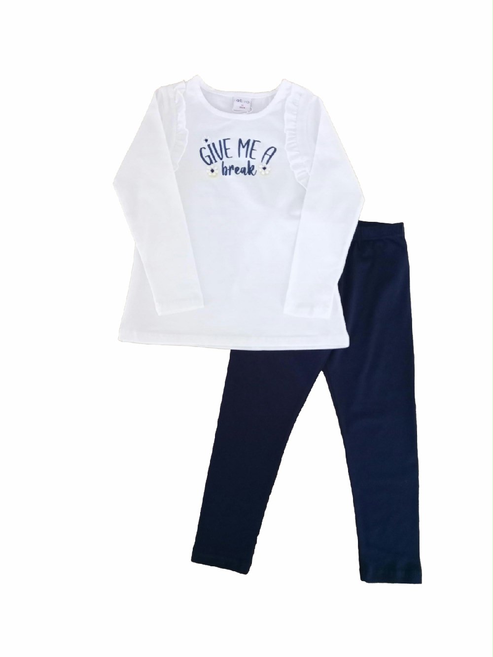 Completo Spring Breeze Ativo Kids C2850 00 Completo Spring Breeze Ativo Kids Completo due pezzi: t.shirt stampata sul davanti in jersey di cotone a maniche lunghe con scollo tondo e applicazione di margherite in tessuto+ leggings basic con elastico in vita.