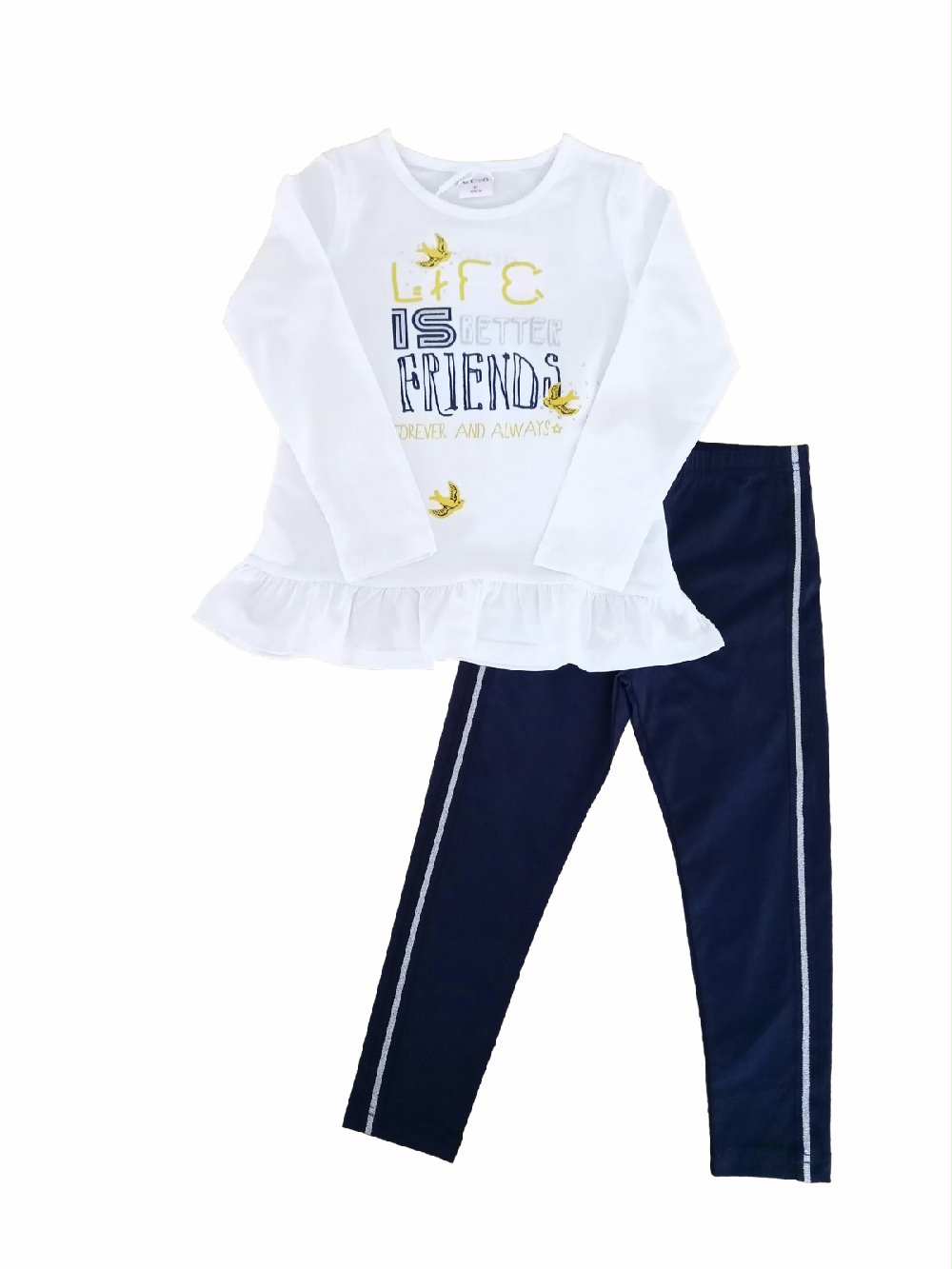 Completo Spring Breeze Ativo Kids C3011 00 Completo Spring Breeze Ativo Kids Completo due pezzi: t.shirt stampata in jersey di cotone a maniche lunghe con scollo tondo e finitura arricciata + leggings basic con elastico in vita e banda laterale a contrasto.